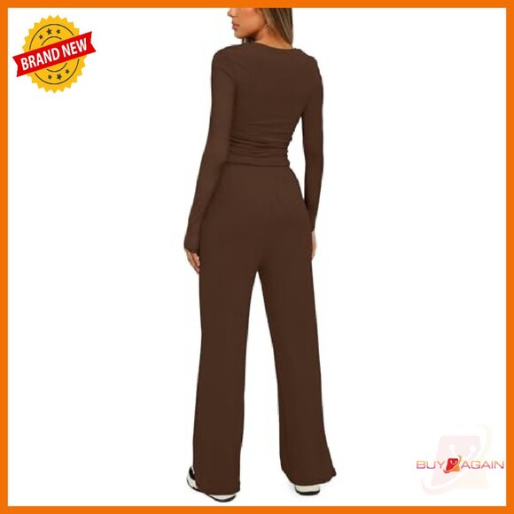 Women's 2 Piece Lounge Set Long Sleeve Top Wide Leg Pants Matching Outfit - Picture 3 of 8